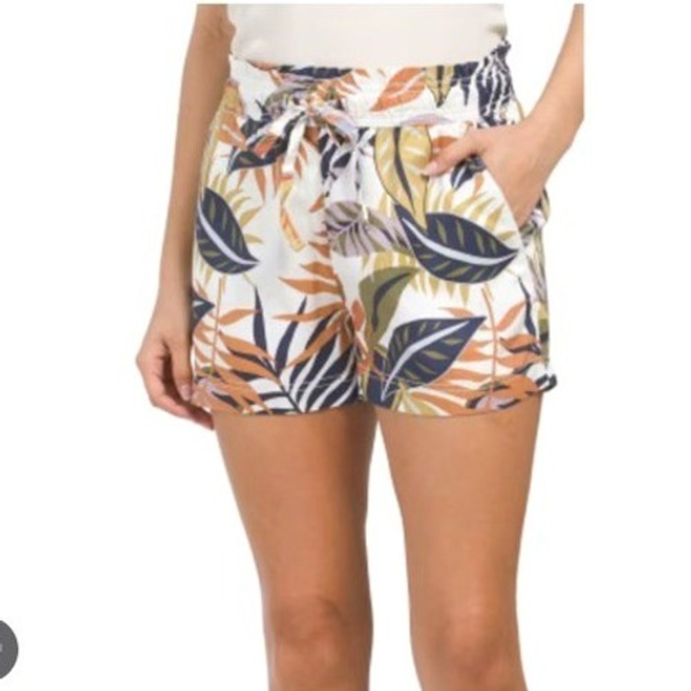 C&C California Shorts Linen Cream Tropical Palm Print Tie Belt Paper Bag Waist S